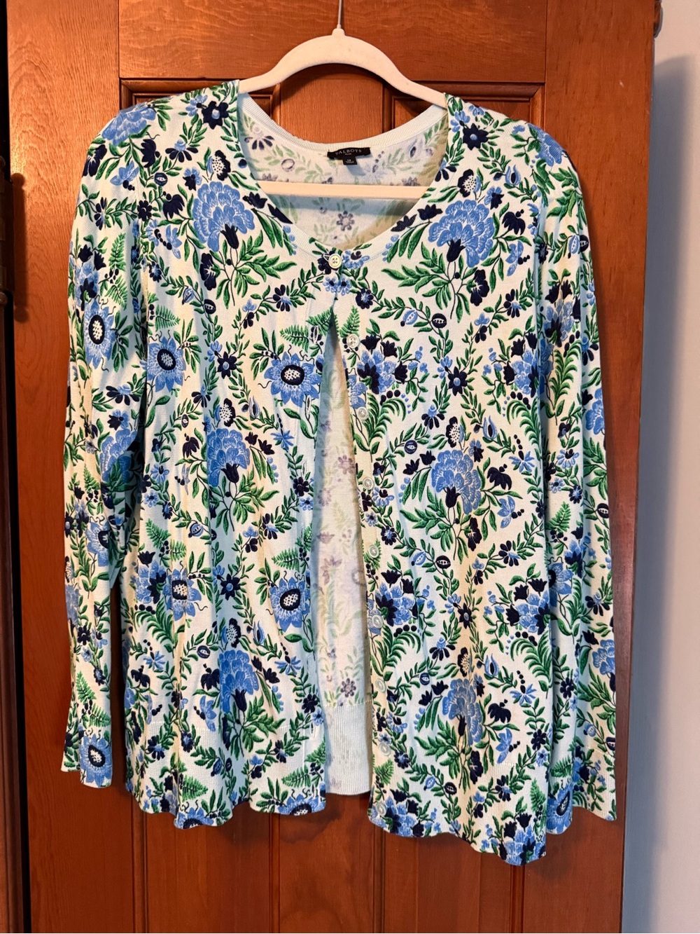 Talbots Blue & Green Floral Open-Front Cardigan